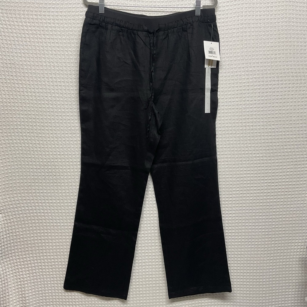 Ellen Tracy Pants Womens L Large‎ Black High Rise Linen Elastic Waist Drawstring